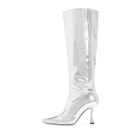 Silver Square Toe Half Zipper Spool Heel Knee High Boots for Women