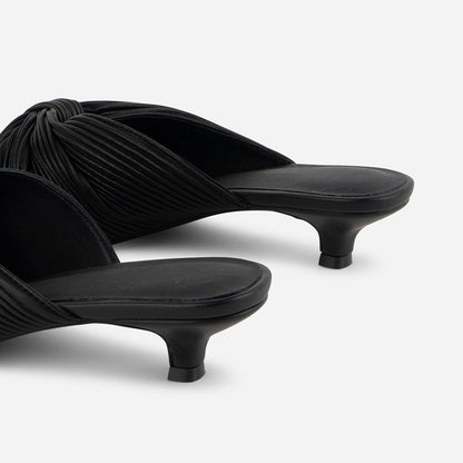 Women's Black Knot Detail Peep Toe Pleated Mule Kitten Heels