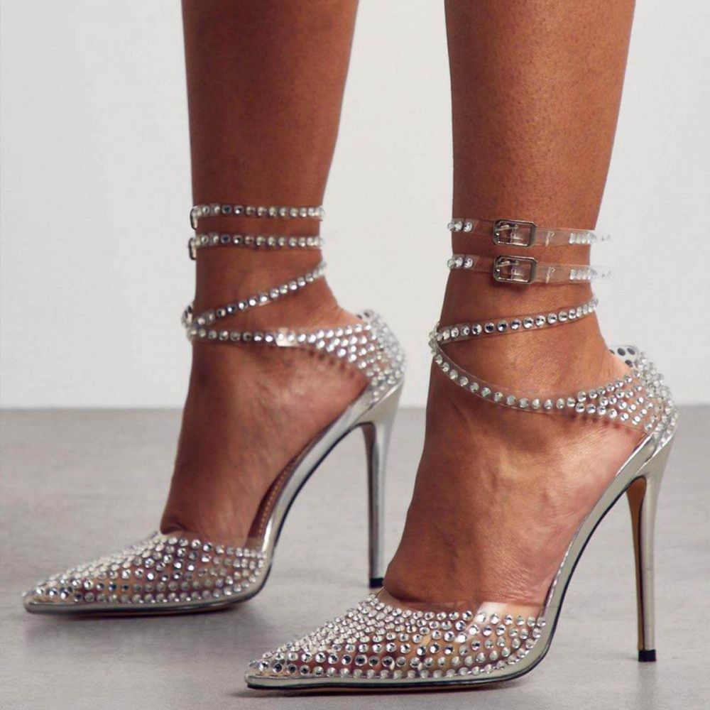 Women's Pointed Toe Clear Heels Wrap Strappy Rhinestone Pumps