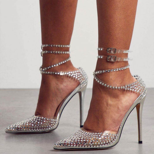 Women's Pointed Toe Clear Heels Wrap Strappy Rhinestone Pumps