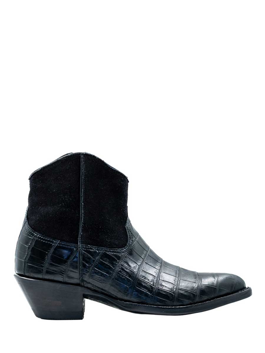 Black Croco Embossed Pointed Toe Chunky Heel Ankle Boots for Women