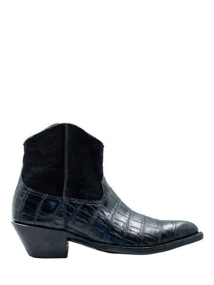 Black Croco Embossed Pointed Toe Chunky Heel Ankle Boots for Women