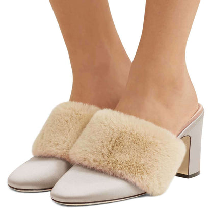 Beige Satin Round Toe Chunky Heel Faux Fur Embellished Mules Shoes