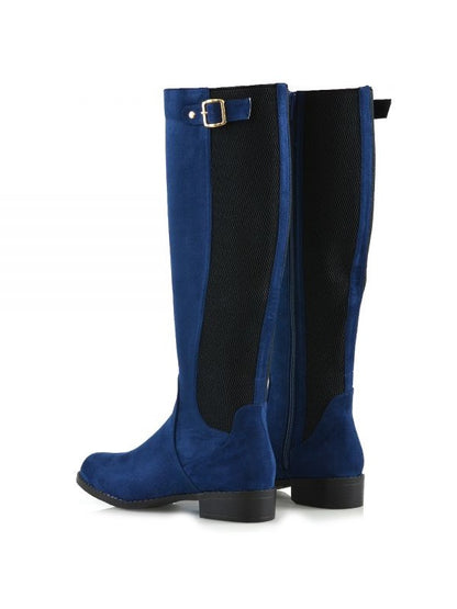 Navy Closed Toe Low Heel Buckled Zip Closure Knee High Boots for Women