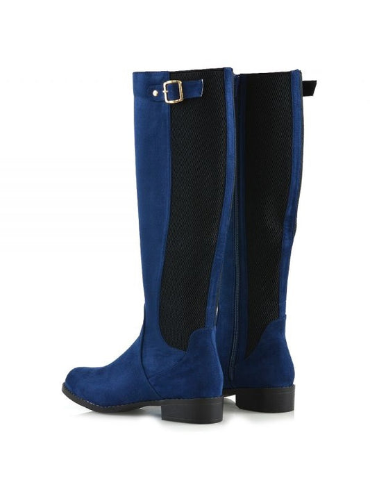 Navy Closed Toe Low Heel Buckled Zip Closure Knee High Boots for Women
