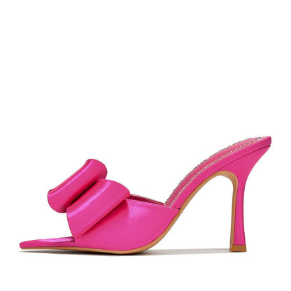 Women's Hot Pink Mules Shoes Pointed Toe Rhinestone Bow Heels