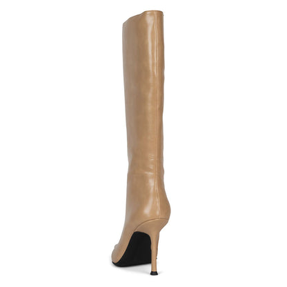 Tan Pointed Toe Stiletto Heel Pull-On Wide Calf Knee High Boots