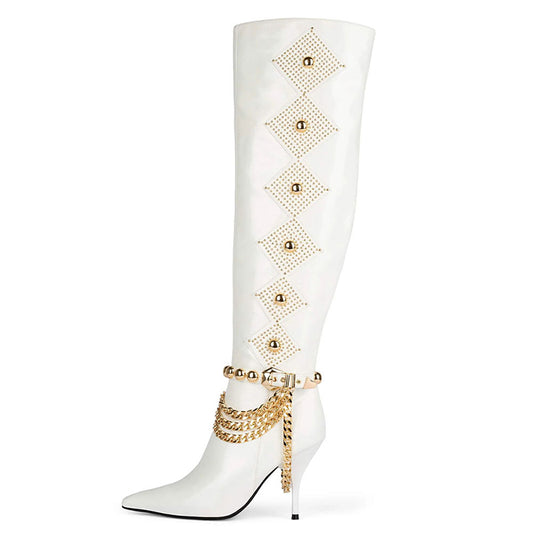 White Pointed Toe Studded Chain Decor Heeled Knee High Boots