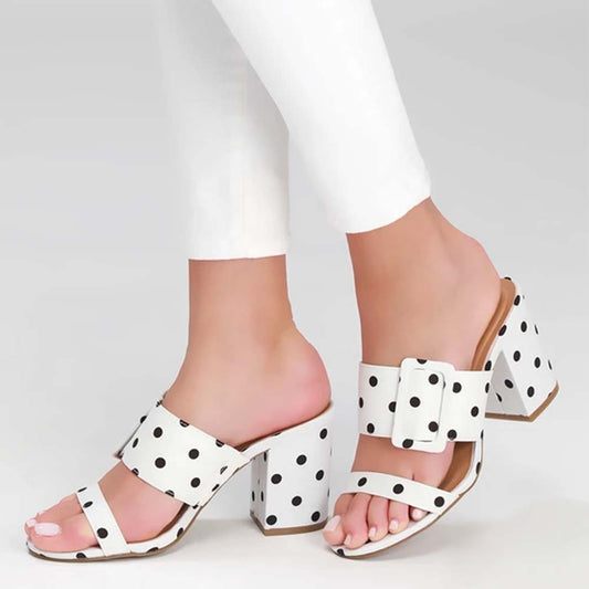 White Dot Open Toe Chunky Heel Mules with Buckle