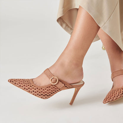 Brown Woven Raffia Pointed Toe Cut-Out Buckle Strap Mule Heels