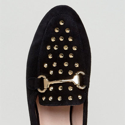 Black Vegan Suede Studded Flats Horsebit Loafers for Women