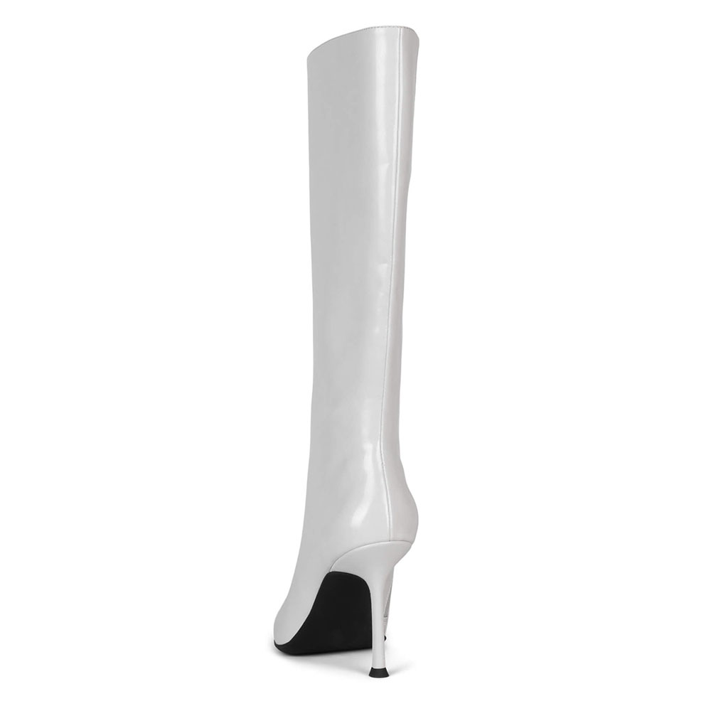 White Pointed Toe  Stiletto Heel Wide Calf Knee High Boots