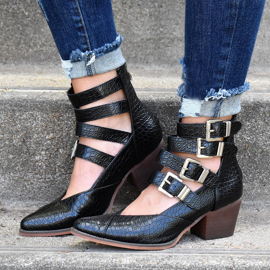 Black Pointy Toe Block Heel Ankle Boots with Buckles
