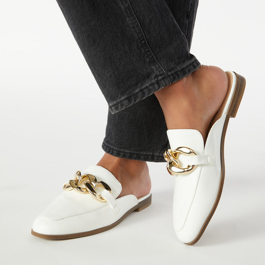 White Closed Toe Flat Mules with God Chain
