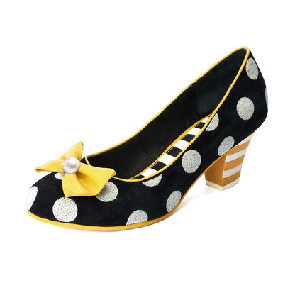 Black & White Polka Dot Round Toe Cone Heel Pumps for Shopping