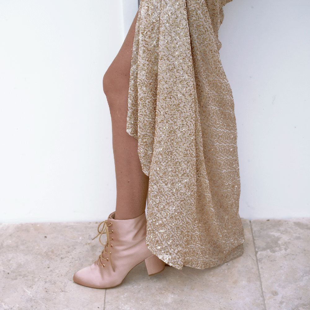 Beige Vegan Leather Pointed Toe Chunky Heel Lace-Up Ankle Boots