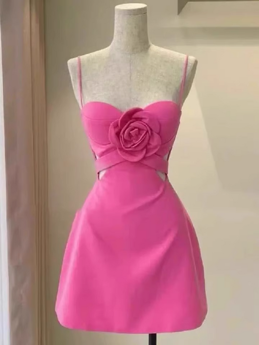 Elegant Rose Pink Sweetheart 3D Flower Design A-line Spaghetti Strap Party Dress Homecoming Dress TP3833