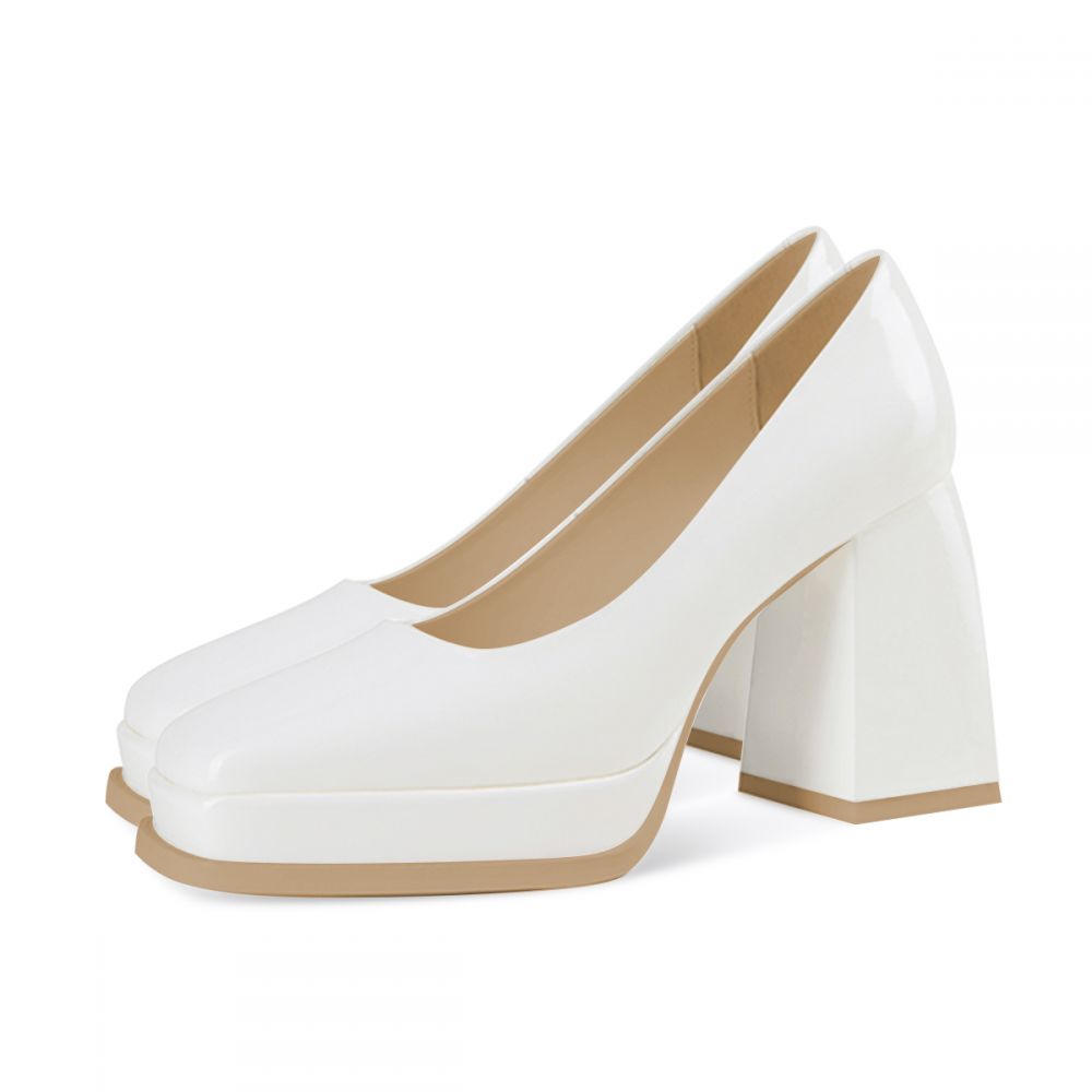Women's Patent Leather Square Toe Chunky Heel White Platform Pumps