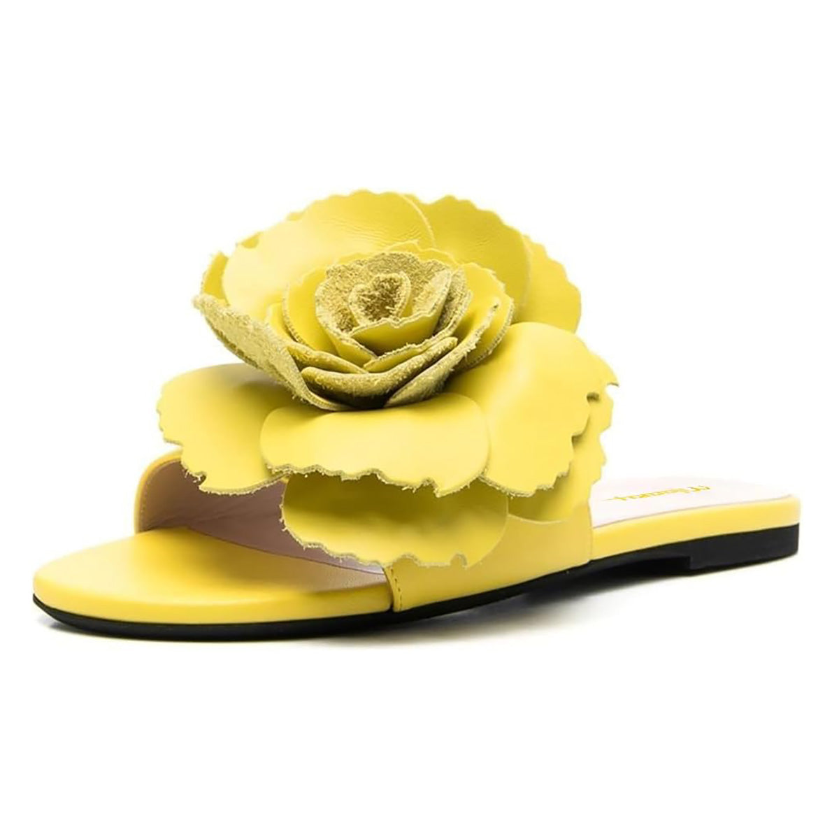Women's Lemon Yellow Round Toe Flat Mules Sandals with Flower