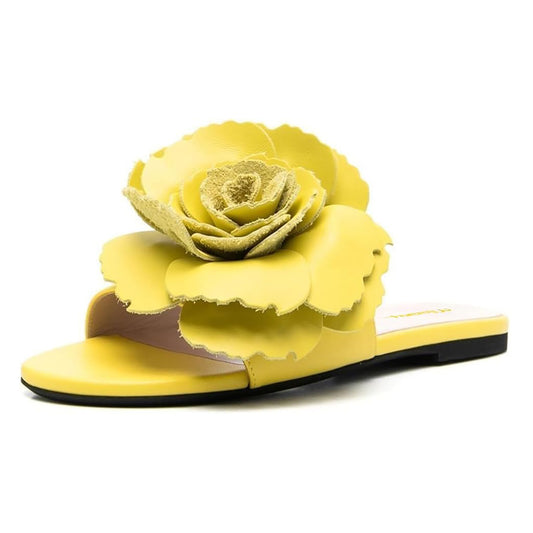 Women's Lemon Yellow Round Toe Flat Mules Sandals with Flower