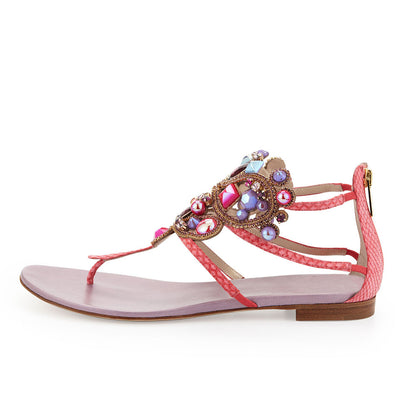 Women's Red Faux Jeweled Thong Sandals Beach Vacation Flats