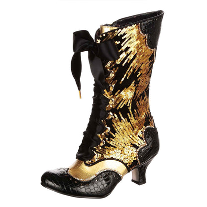 Black and Gold Sequin Round Toe Embossed Lace-Up Mid Calf Boots