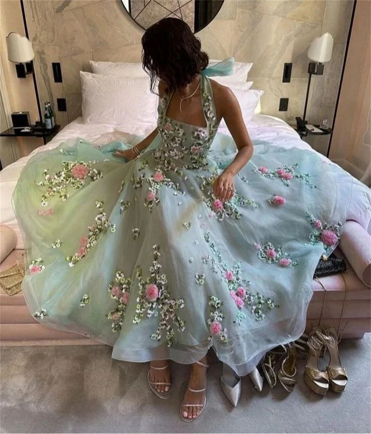 Ball Gown Halter Light Blue Tulle Lace Prom Dresses Evening Dress cg26211