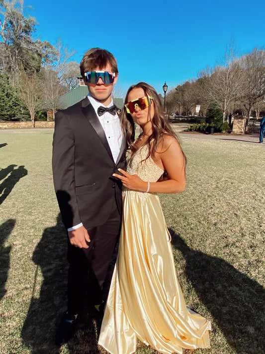 PM358,Yellow A-Line Satin Long Prom Dresses V-Neck Evening Dress