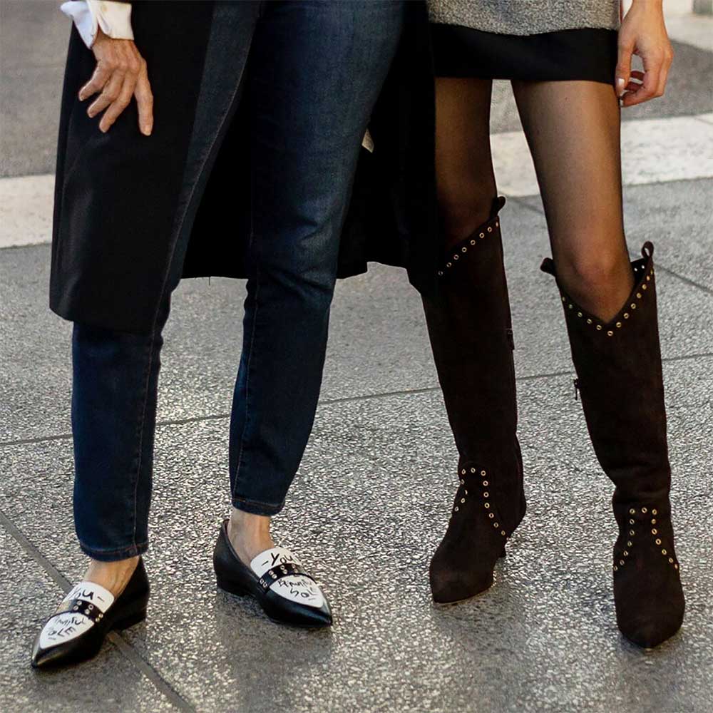 Brown Pointed Toe Spool Heel Grommet Knee High Boots for Women