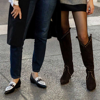 Brown Pointed Toe Spool Heel Grommet Knee High Boots for Women