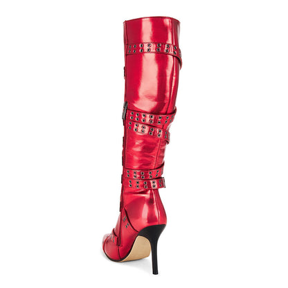 Red Pointed Toe Buckled Grommet Strap Stiletto Knee High Boots