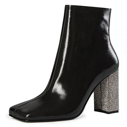 Trendy Black Square Toe Sparkly Chunky Heel Ankle Boots with Zip