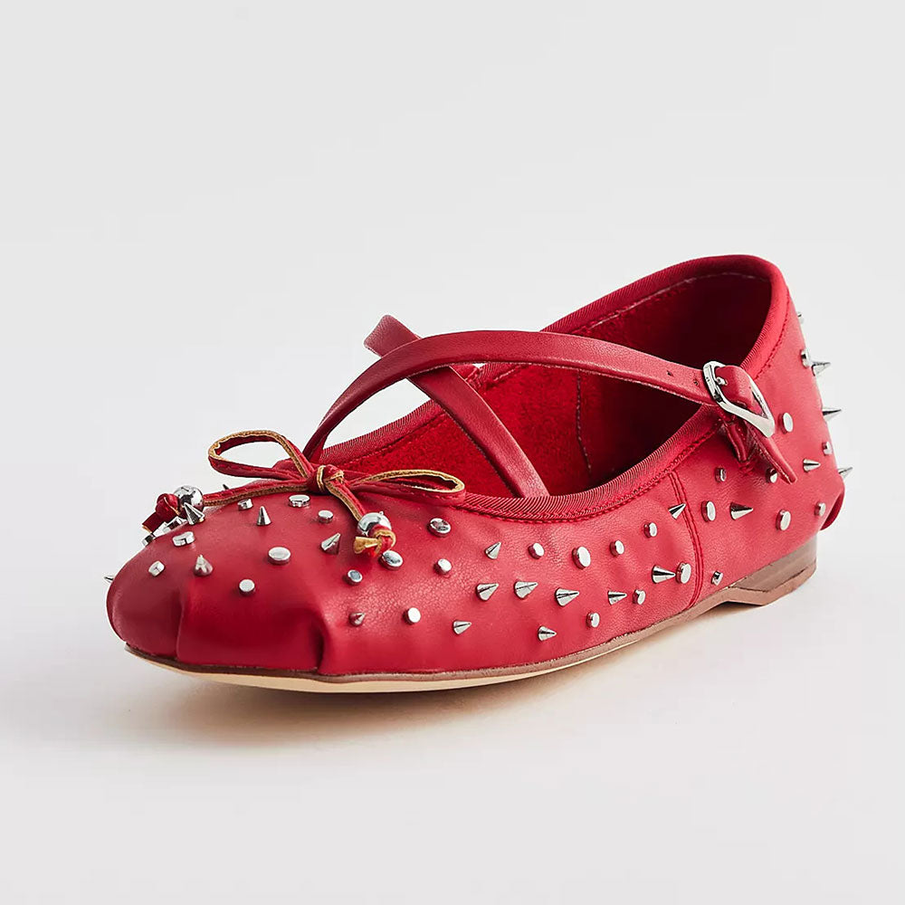 Red Round Toe Studded Mary Jane Ballet Flats with Bow Decor