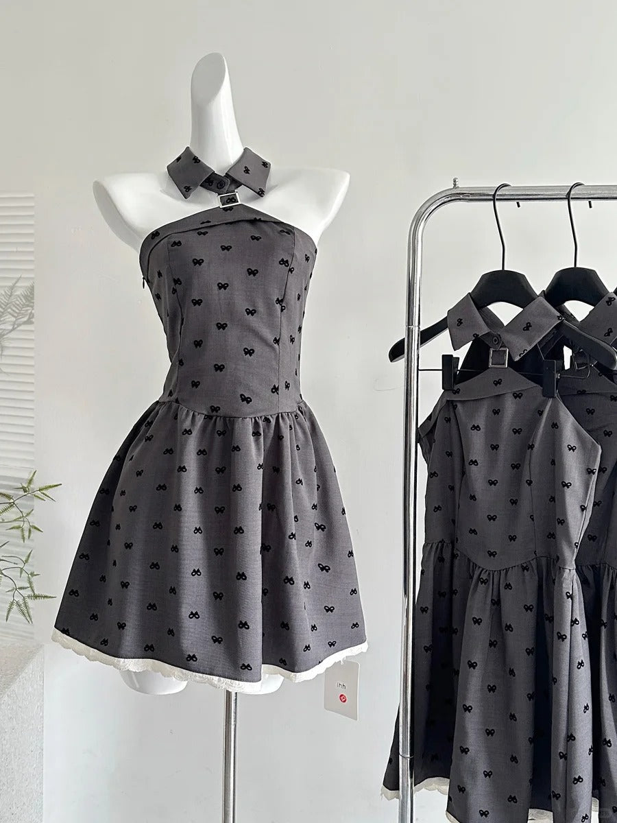 Vintage Grey Printed Lapel A-line Short 17th Birthday Homecoming Dress P3995