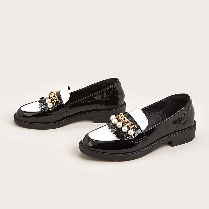 Black & White Patent Leather Fringe Pearl Block Heel Women's Loafers