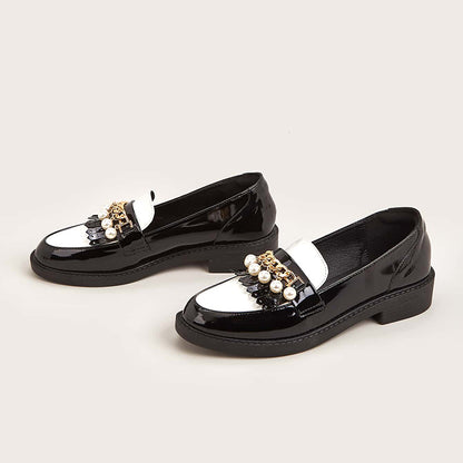 Black & White Patent Leather Fringe Pearl Block Heel Women's Loafers