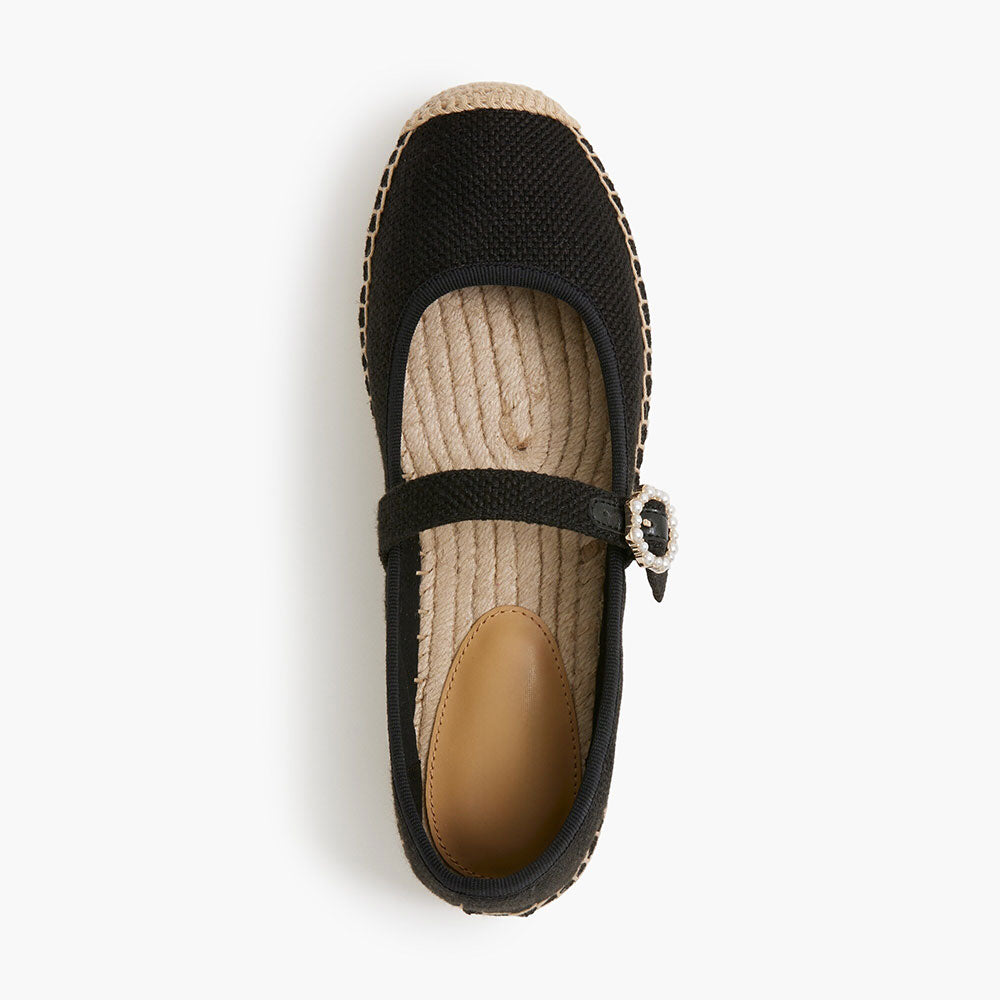 Women's Black Round Toe Pearl Buckle Espadrille Mary Jane flats