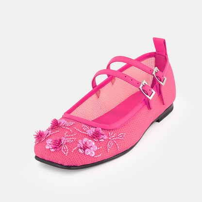 Pink Mesh Floral Beads & Sequins Buckle Fastening Mary Jane Flats