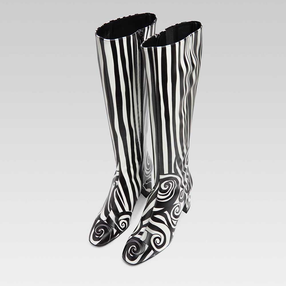 Black & White Square Toe Block Heel Knee High Boots with Side Zipper