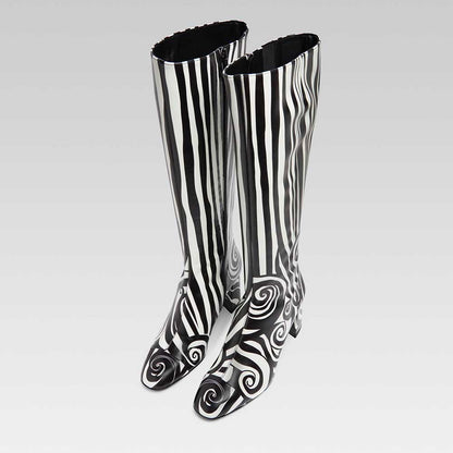 Black & White Square Toe Block Heel Knee High Boots with Side Zipper