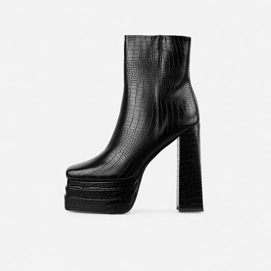 Black Croco Embossed Chunky Heels Square Toe Platform Ankle Boots