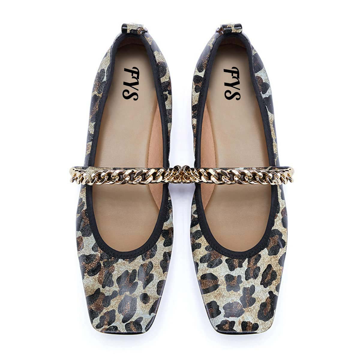 Trendy Square Toe Chain Strap Vegan Leather Leopard Flats