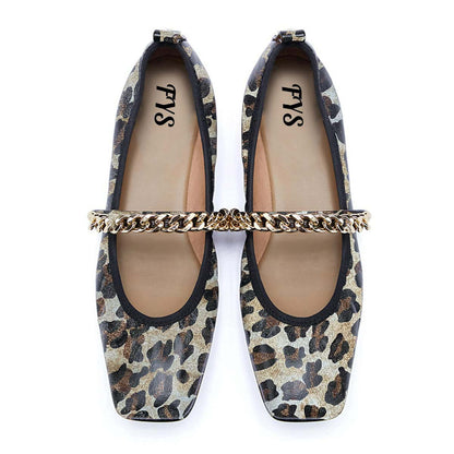 Trendy Square Toe Chain Strap Vegan Leather Leopard Flats