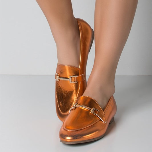 Orange Metallic Closed-Toe Fashion Horsebit Women's Loafers