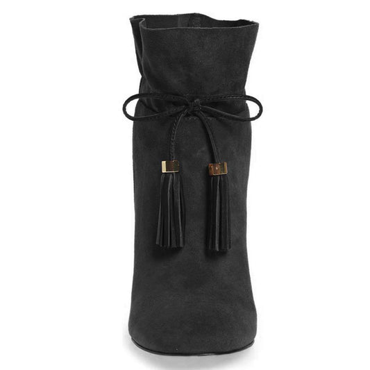Black Tasseled Drawstring Tie Front Closed Toe Block Heel Ankle Boots