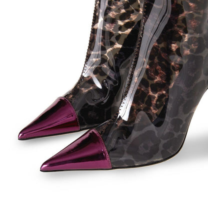 Purple Stiletto Heel Leopard Shoes Transparent Zipper Knee High Boots