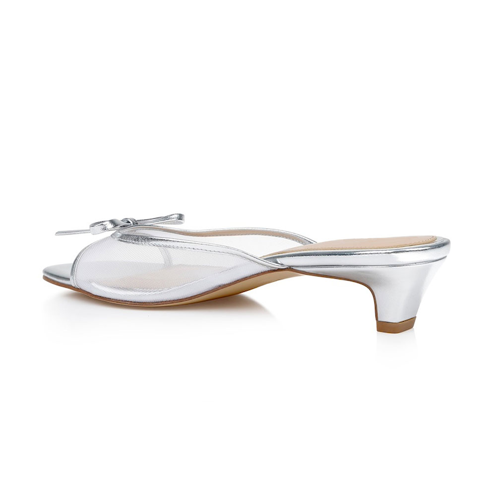 Women's Classy Silver Mesh Open Square Toe Bow Decor Mule Heels