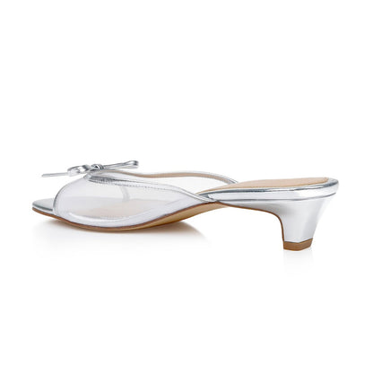 Women's Classy Silver Mesh Open Square Toe Bow Decor Mule Heels