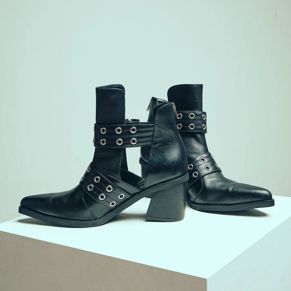 Black Mid Block Heel Cut-Out Pointed Toe Buckle Ankle Boots for Women