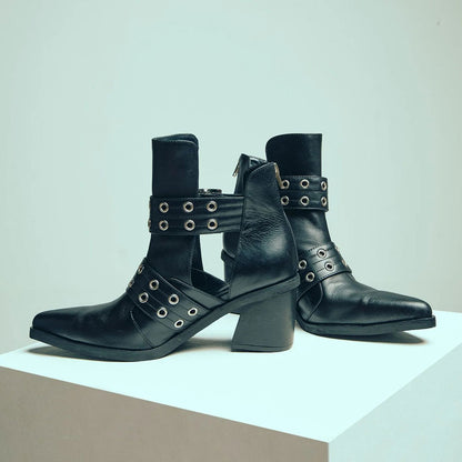 Black Mid Block Heel Cut-Out Pointed Toe Buckle Ankle Boots for Women